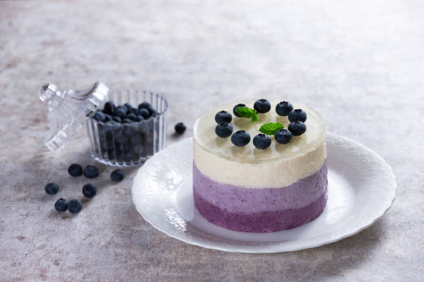 sernik warstwowy jagodowy z jagodami - cream gelatin dessert berry fruit blueberry zdjęcia i obrazy z banku zdjęć