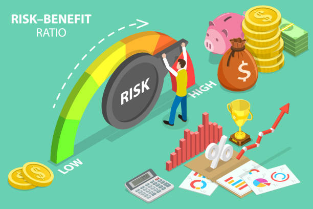 3D Isometric Flat Vector Conceptual Illustration of Risk-Benefit Ratio 3D Isometric Flat Vector Conceptual Illustration of Risk-Benefit Ratio, High Risk High Return Financial Investment hungry stock illustrations
