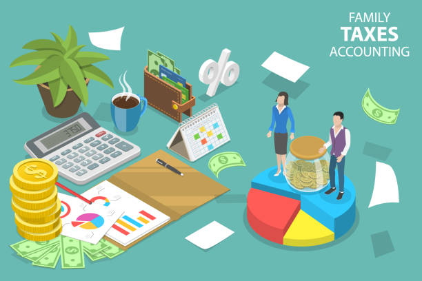 ilustrações de stock, clip art, desenhos animados e ícones de 3d isometric flat vector conceptual illustration of family taxes accounting - financial figures finance spreadsheet backgrounds