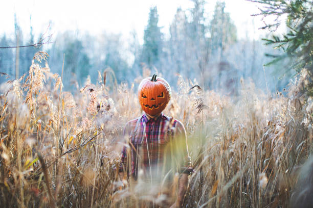 Man celebrate halloween with pumpkin on his head