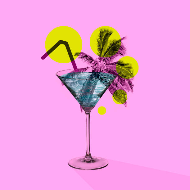 contemporary art collage, modern design. party mood. tropical palm tree in giant martini cocktail glass. - tropisch-motief-fotos stockfoto's en -beelden