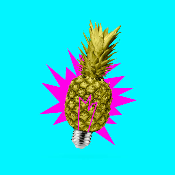 istock Contemporary art collage, modern design. Party summer mood. Composition with pineapple as electric bulb isolated on abstract neon background. 1330919955