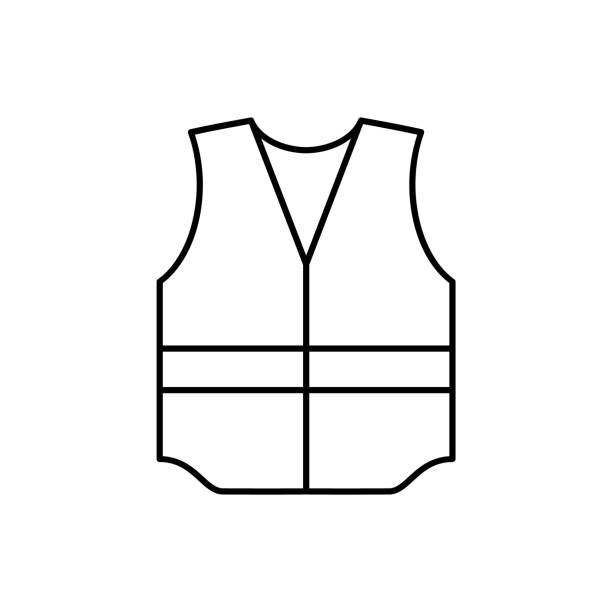 Working vest line icon. Reflective safety jacket outline. Construction worker protective equipment. Industrial occupation waistcoat. High visibility safety vest. Vector illustration, clip art, flat. waistcoat stock illustrations