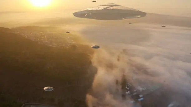 Photo of ufo's Armada fleet heading toward mother ship,aerial view