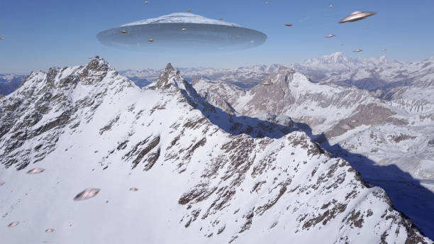 istock Ufo Armada fleet heading Mother ship, Alps Peak, Aerial 1330921366