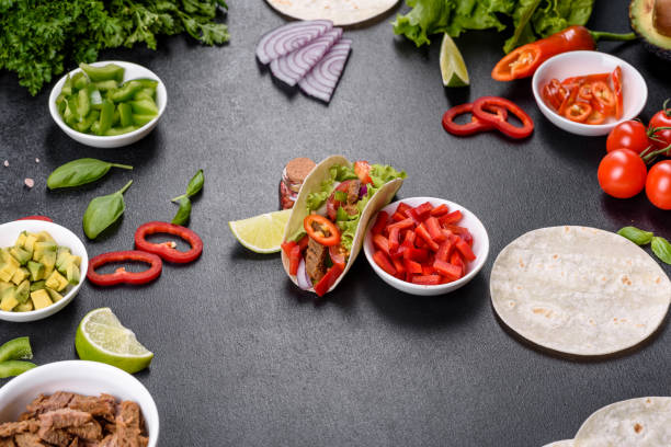 istock Mexican tacos with beef, tomatoes, avocado, onion and salsa sauce 1330924548
