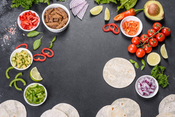 istock Mexican tacos with beef, tomatoes, avocado, onion and salsa sauce 1330924673