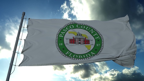 Pasco flag, county of the state of Florida, United States of America waving at wind in blue sky. 3d rendering.