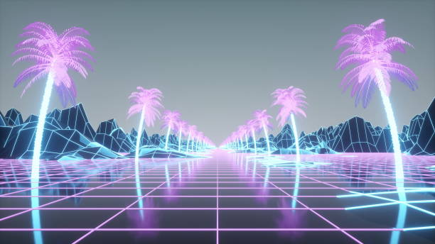 Retro futuristic palm tree alley. Retro 80s style synthwave background. 3d rendering Retro futuristic palm tree alley. Retro 80s style synthwave background. 3d rendering. vj loop stock pictures, royalty-free photos & images
