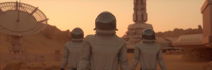 Astronauts on the surface of Mars. Mars colonization concept. 3d rendering.