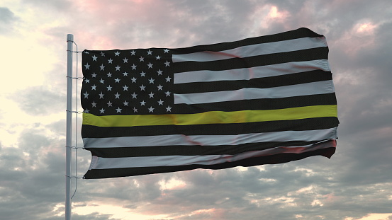 Thin Yellow Line American Flag - a sign to honor and respect American Dispatchers, Security Guards and Loss Prevention. 3d rendering