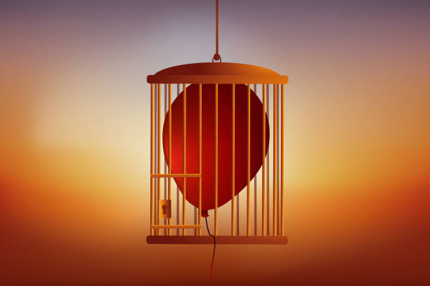 concept of freedom with a balloon locked in a cage. - spy balloon stock illustrations