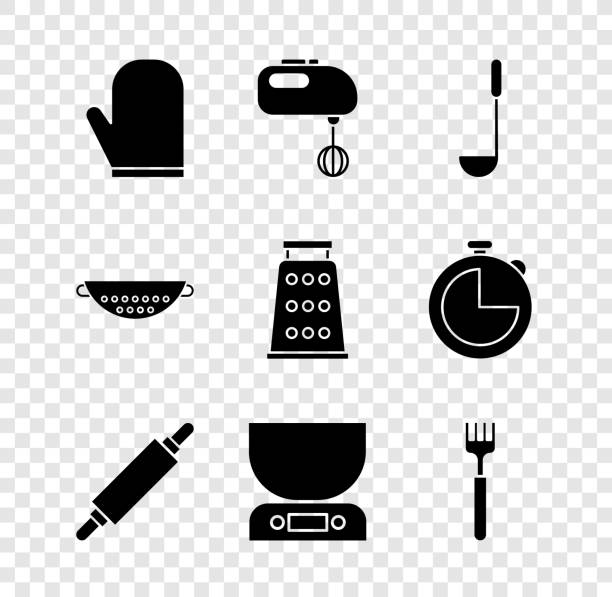 ilustraciones, imágenes clip art, dibujos animados e iconos de stock de set guante de horno, mezclador eléctrico, cucharón de cocina, rodillo, balanzas electrónicas, tenedor, colador e icono de rallador. vector - rolling fork