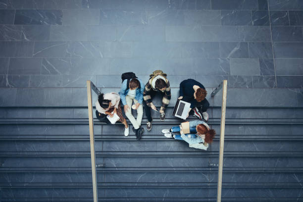 studenten, die am college auf treppen lernen - school gymnasium fotos stock-fotos und bilder