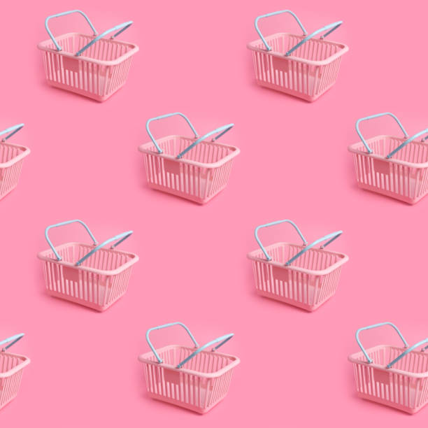 istock Pattern with pink plastic shopping basket on pink pastel background. Creative minimalist design. Black friday, discount, advertising and sale concept. Trendy minimal design art for poster, branding 1330928407