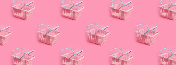 istock Pattern with pink plastic shopping basket on pink pastel background. Creative minimalist design. Black friday, discount, advertising and sale concept. Trendy minimal design art for poster, branding 1330928408
