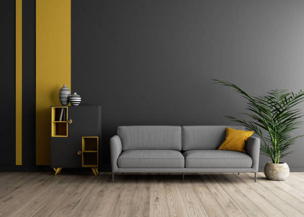 istock Bright living room interior. Gray room with yellow elements. 1330931395