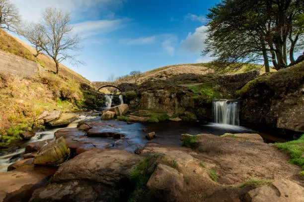 Waterfalls following on a beautiful spring morning at Three Shires Head in the Peak District National Park