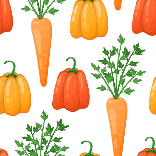 ilustrações, clipart, desenhos animados e ícones de padrão sem vertor com vegetais frescos. pimentões naturais e cenouras saudáveis com tops. comida crua vegetariana. - pepper bell pepper market spice