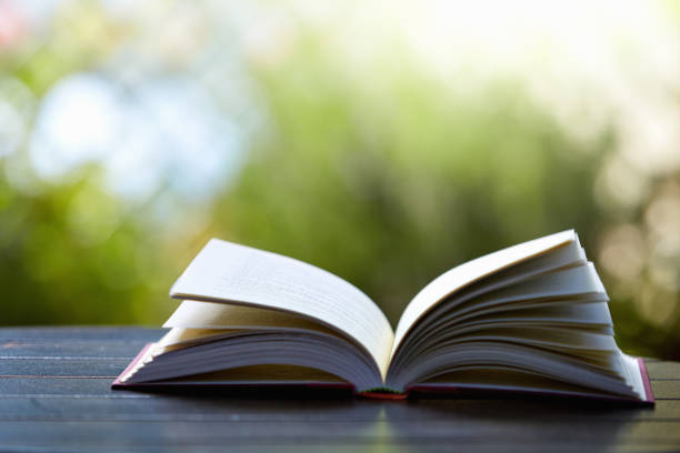 istock Open book on an outdoor table on a sunny day 1330934370