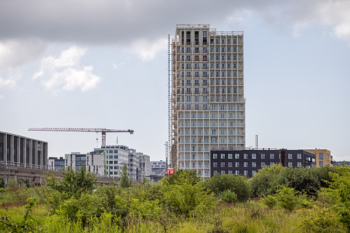 High rise building construction site at Vest Amager, which traditionally has been a suburb to Copenhagen but now is being developed into a new center