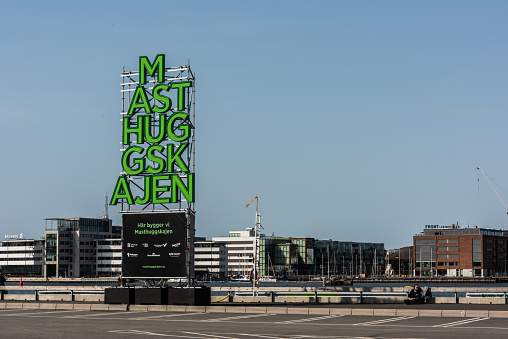 Gothenburg, Sweden - April 18 2021: Large green sign of Masthuggskajen.