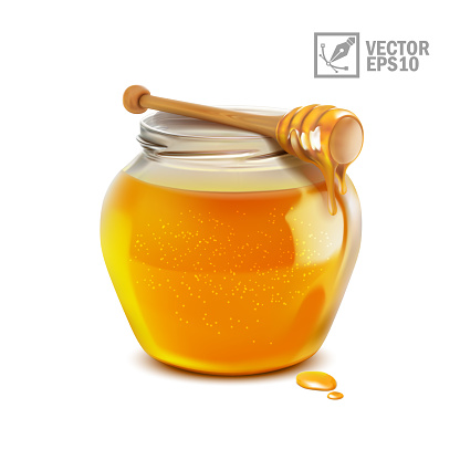 3d realistic isolated vector honey jar and stick with liquid honey flowing