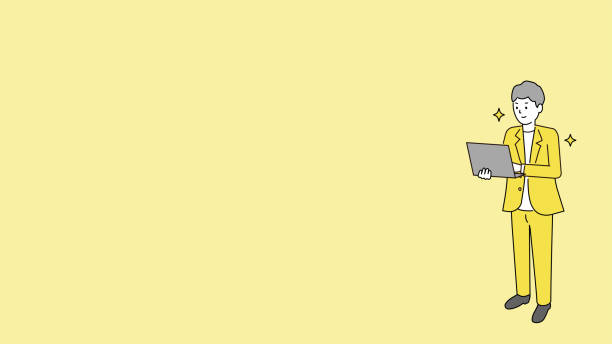 istock Smiling young man,whole body,hand holding laptop,copy space,vector illustration 1330937882