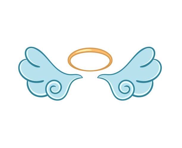 fliegende engelsflügel flach mit goldenem heiligenschein. - heiligenschein symbol stock-grafiken, -clipart, -cartoons und -symbole