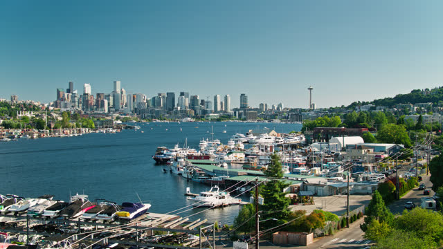 Drone Flight Over Seattle Marina on Lake Union with Downtown Skyline in Distance