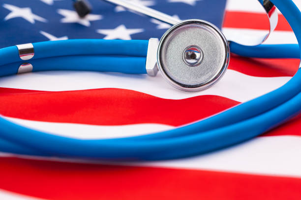 istock Stethoscope on American national flag, close up 1330942509