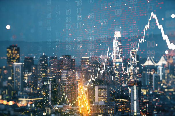 istock Double exposure of abstract creative financial chart hologram and world map on San Francisco city skyscrapers background, research and strategy concept 1330944862