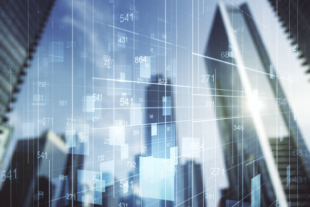 istock Double exposure of abstract creative statistics data hologram on blurry cityscape background, analytics and forecasting concept 1330944924