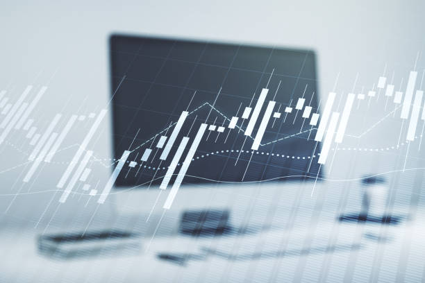 現代のラップトップの背景、金融と取引の概念に抽象的な創造的な金融グラフ。多重露出 - comparison graph curve finance ストックフォトと画像
