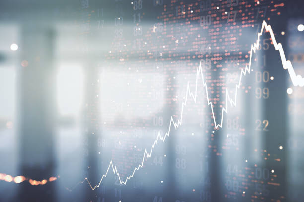 istock Double exposure of abstract creative financial chart hologram and world map on empty modern office background, research and strategy concept 1330945334