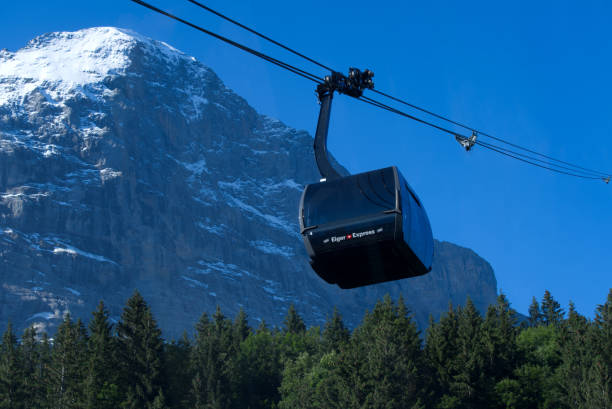 Brand new cable car Eiger Express, introduced December 2020. The 44 cabins are running between station Grindelwald Terminal and station Eiger glacier. Photo taken July 20th, 2021, Switzerland.