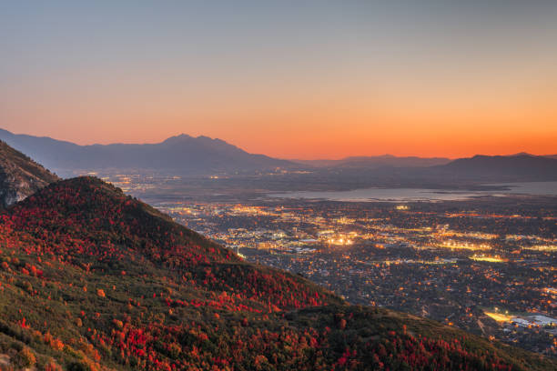 Provo, Utah, USA Provo, Utah, USA view of downtown from the lookout during an autumn dusk. provo stock pictures, royalty-free photos & images