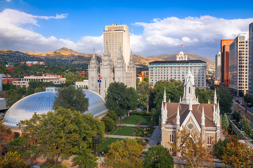 Salt Lake City, Utah, USA downtown cityscape over Temple Square.