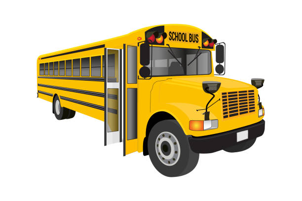 ilustrações de stock, clip art, desenhos animados e ícones de perspective of a yellow bus school isolated on white background - school bus