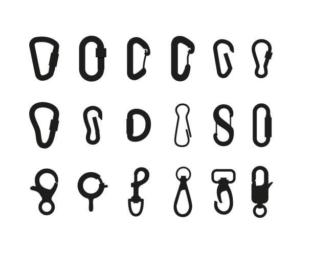 Set black silhouettes of alpinist metal carabiners, climbing clasp locks. Set silhouettes of alpinist metal carabiners, climbing clasp locks. Elements equipment for outdoors activity in mountains, hiking or camping. Vector illustrations isolated on white rope climbing stock illustrations