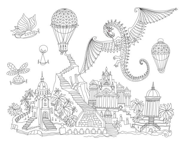 illustrations, cliparts, dessins animés et icônes de paysage fantastique. château de conte de fées, temple sur les montagnes, palmier, jardin, rivière. dragon volant et balons d’air. page de livre coloriage noir et blanc pour adultes et enfants - picture book fairy tale castle dragon