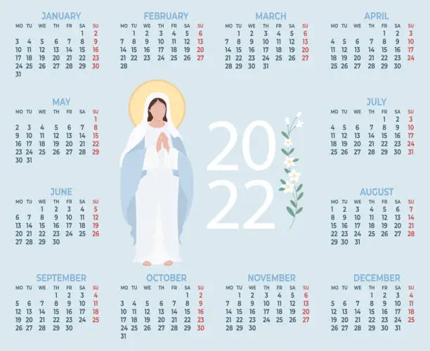 Vector illustration of 2022 Religious Calendar with the Most Holy Theotokos Queen Heavenly Virgin Mary on a blue background. Vector illustration. Horizontal A3 template for 12 months in English. Week starts on Monday