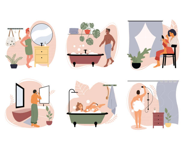 Set of vector illustrations with people doing hygiene and household daily routine in the bathroom. Self-care, self-love, body care. Flat vector illustration. Set of vector illustrations with people doing hygiene and household daily routine in the bathroom. Self-care, self-love, body care. Flat vector illustration. body care shower stock illustrations