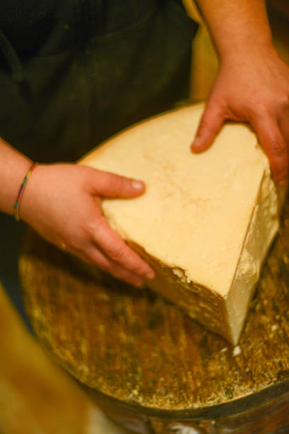 istock Cheese dairy master cutting a parmesan cheese wheel with special knives 1330959528