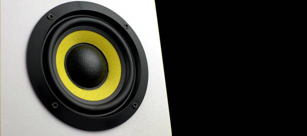 istock White audio speaker, isolate on a black background. Subwoofer, close-up. Minimalistic audio speaker with yellow subwoofer, copy space. Stereo music audio 1330959633