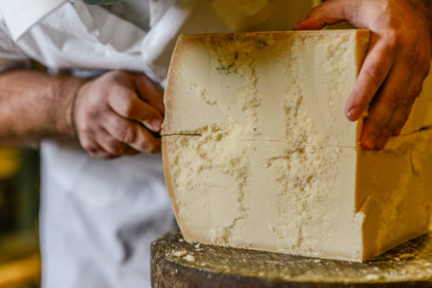 istock Cheese dairy master cutting a parmesan cheese wheel with special knives 1330959637