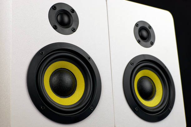istock Two audio speakers on a black background. Yellow subwoofer, minimalism 1330959680