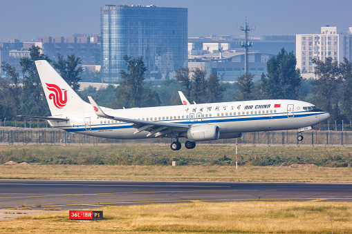 Beijing, China - October 2, 2019: Air China Boeing 737-800 airplane at Beijing Capital Airport (PEK) in China. Boeing is an American aircraft manufacturer headquartered in Chicago.