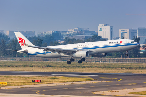Beijing, China - October 2, 2019: Air China Airbus A330-300 airplane at Beijing Capital Airport (PEK) in China. Airbus is a European aircraft manufacturer based in Toulouse, France.