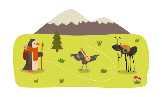 Vector illustration of Wild Animals Hiking on Summer Mountain Landscape Set, Penguin, Ant, Crow Characters Camping, Hiking Vector Illustration